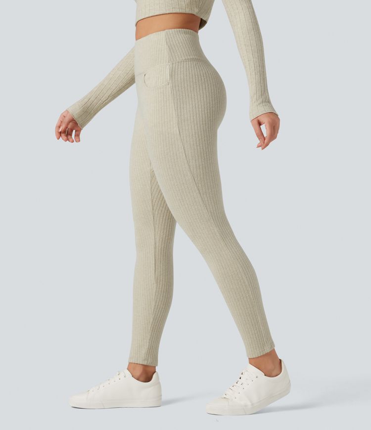 Ribbed Knit High Waisted Crisscross Back Fleece Casual Leggings with Pockets