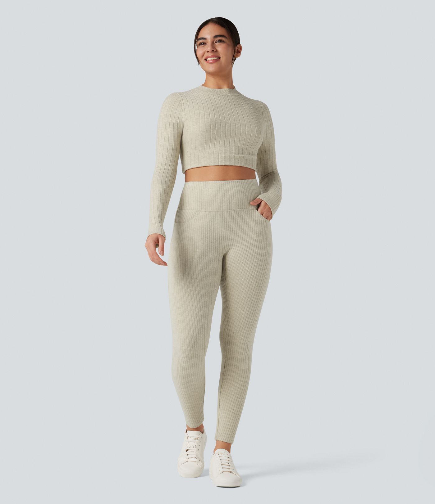 Ribbed Knit High Waisted Crisscross Back Fleece Casual Leggings with Pockets