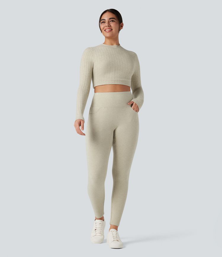 Ribbed Knit High Waisted Crisscross Back Fleece Casual Leggings with Pockets