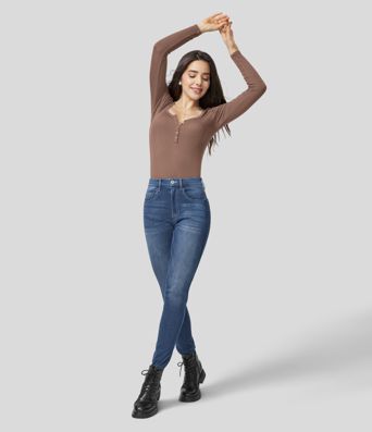 Ribbed Henley Neck Long Sleeve Slim Casual T-Shirt