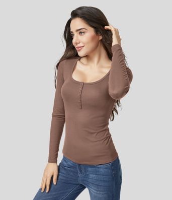Ribbed Henley Neck Long Sleeve Slim Casual T-Shirt