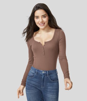 Ribbed Henley Neck Long Sleeve Slim Casual T-Shirt