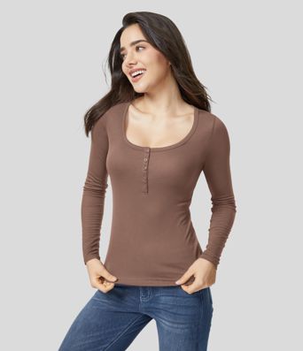 Ribbed Henley Neck Long Sleeve Slim Casual T-Shirt