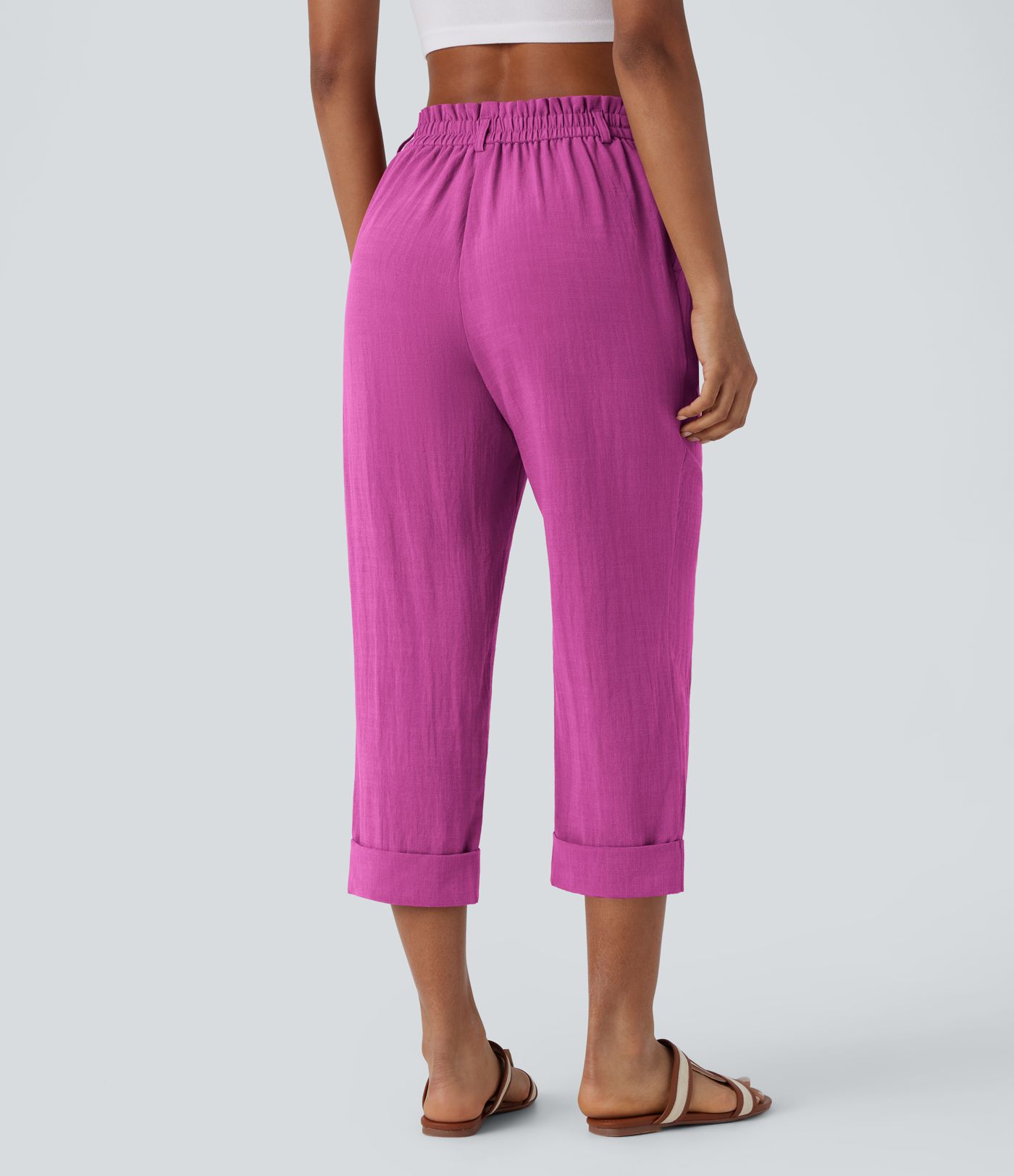 High Waisted Side Pocket Capri Women Linen-Feel Pants