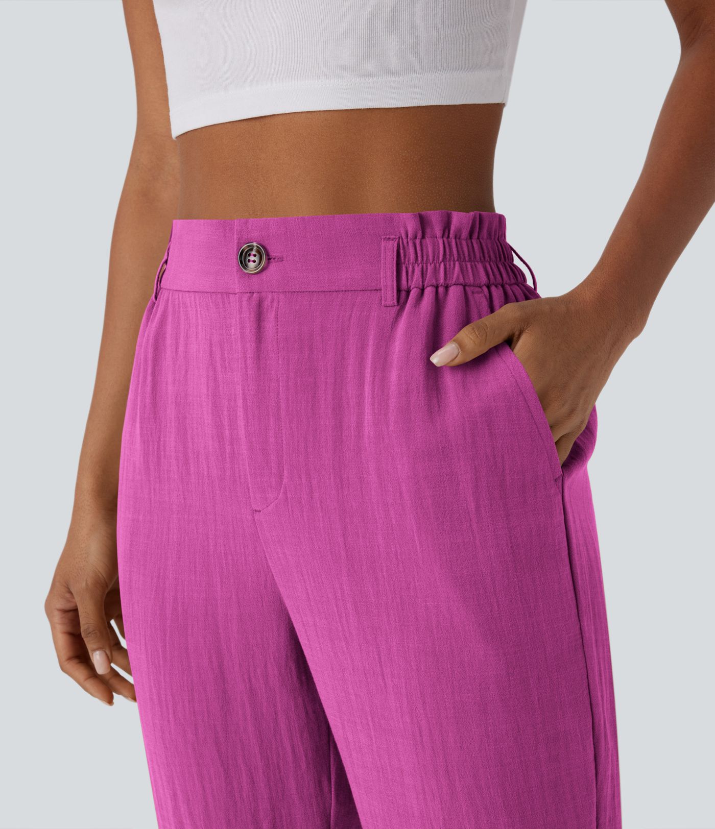 High Waisted Side Pocket Capri Women Linen-Feel Pants