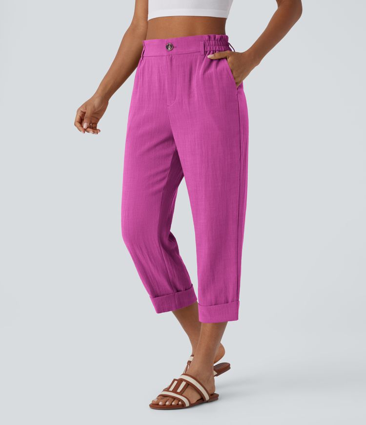 High Waisted Side Pocket Capri Women Linen-Feel Pants