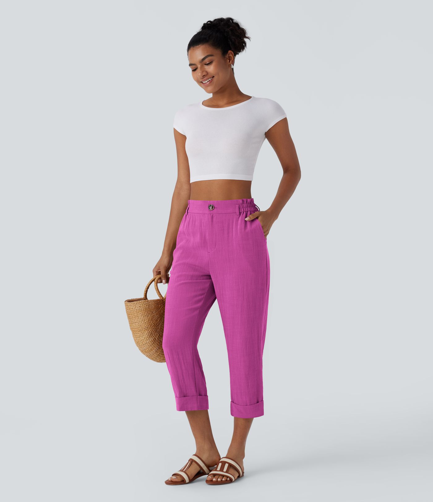High Waisted Side Pocket Capri Women Linen-Feel Pants