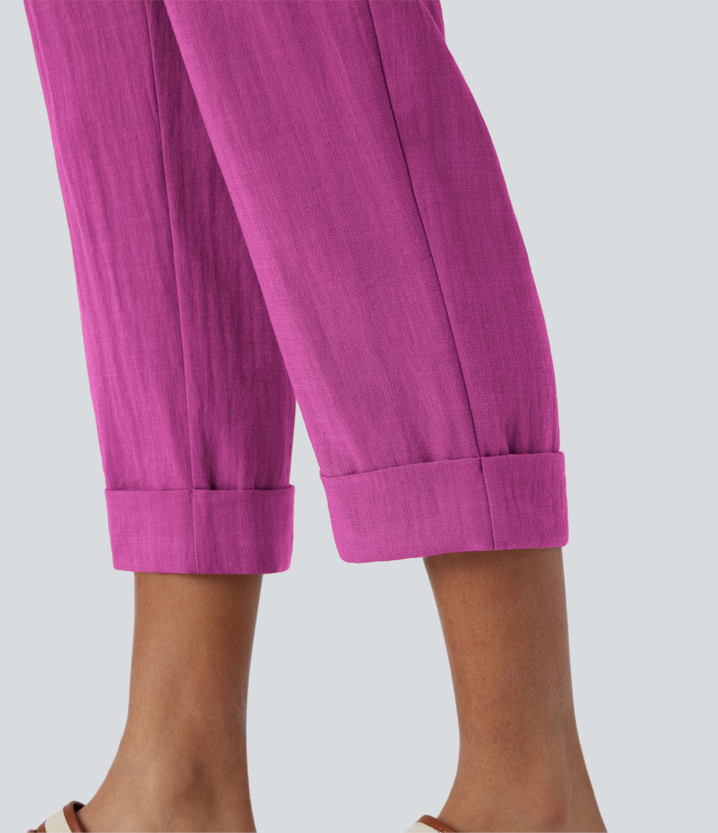 High Waisted Side Pocket Capri Women Linen-Feel Pants
