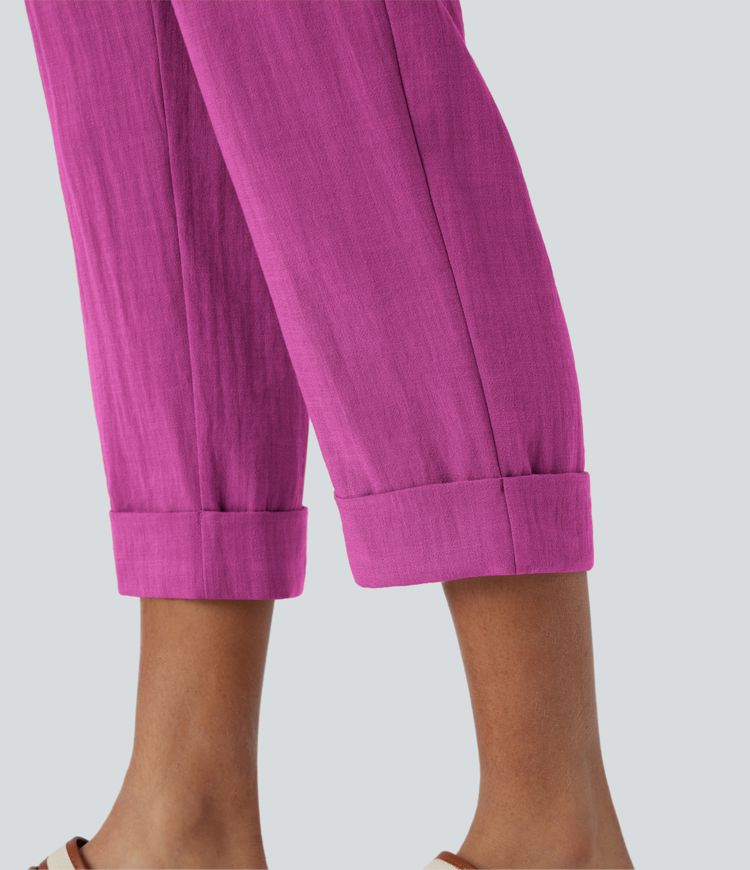 High Waisted Side Pocket Capri Women Linen-Feel Pants