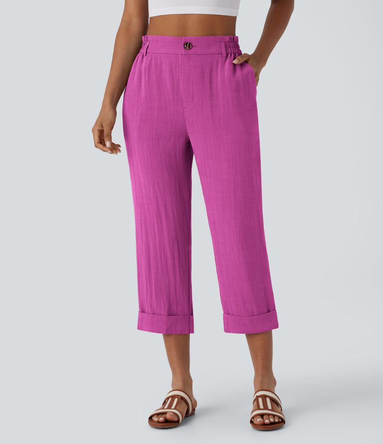 High Waisted Side Pocket Capri Women Linen-Feel Pants