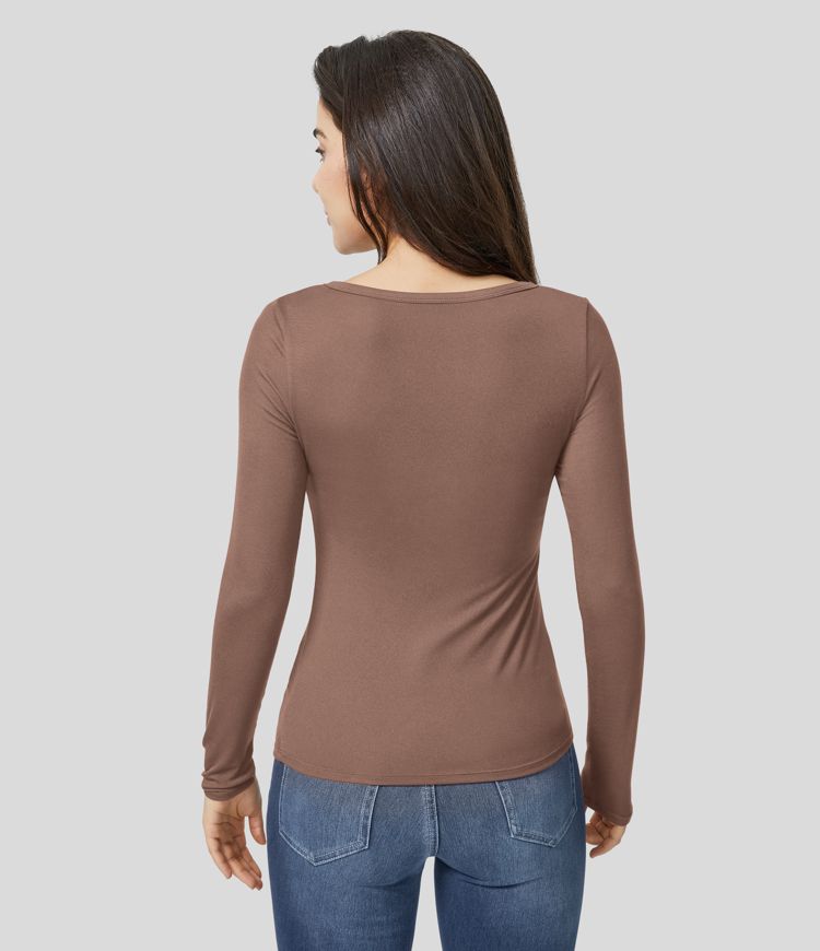 Ribbed Henley Neck Long Sleeve Slim Casual Top