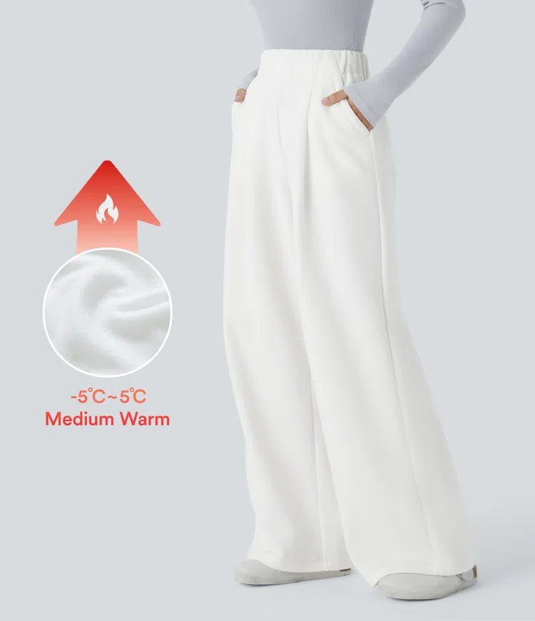 White High Waisted Side Pocket Wide Leg Fleece Casual Trousers / 1
