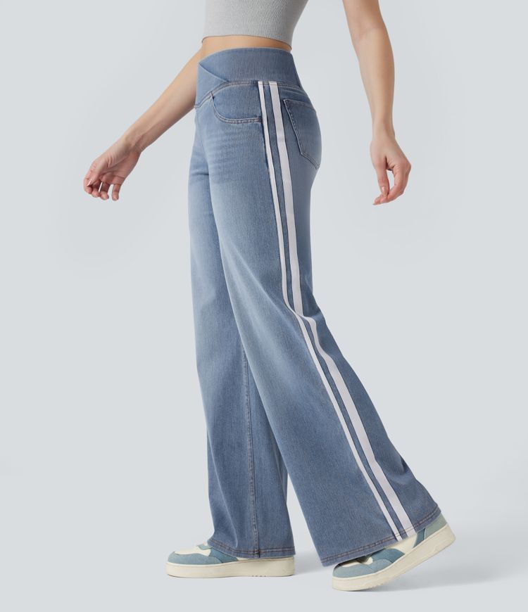 Halara Flex™ High Waisted Crossover Stripe Bootcut Casual Jeans with Pockets