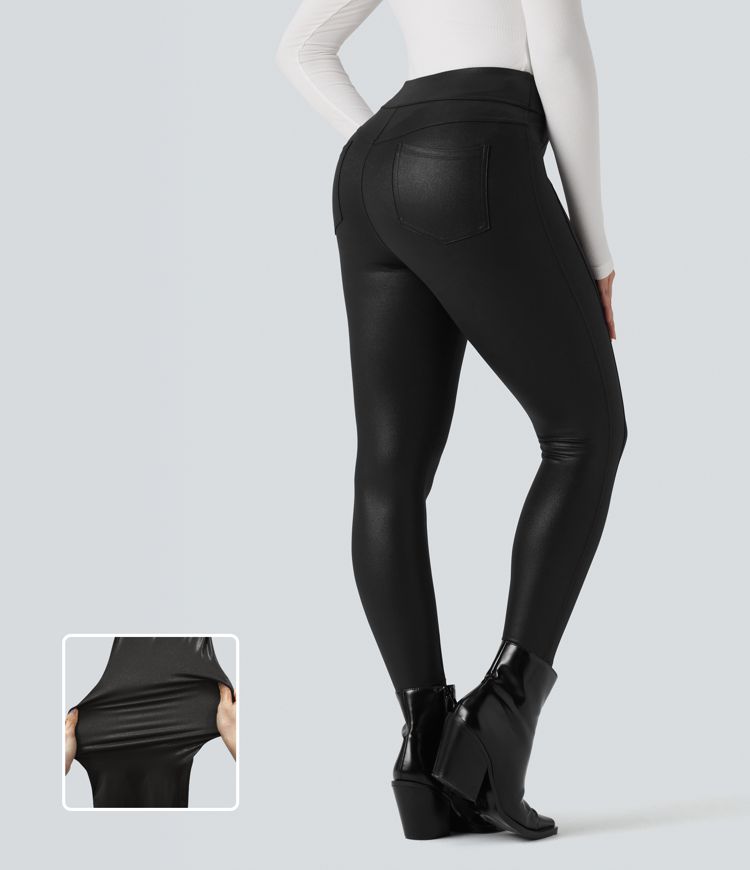 Faux Leather Shine High Waisted Casual Leggings with Pockets