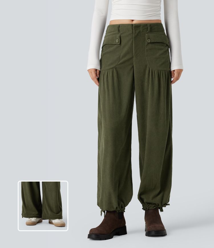 Mid Rise Wide Leg Corduroy Casual Pants with Pockets