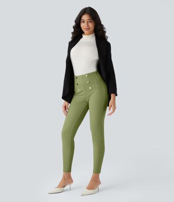 High Waisted Tummy Control Decorative Back Zipper Pockets Herringbone Work Leggings