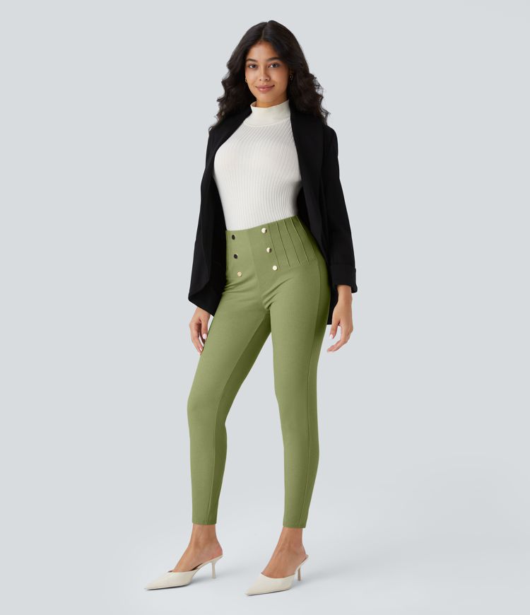 High Waisted Tummy Control Decorative Back Zipper Pockets Herringbone Work Leggings