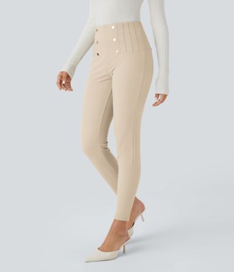 High Waisted Tummy Control Decorative Back Zipper Pockets Herringbone Work Leggings