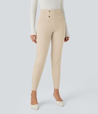 High Waisted Tummy Control Decorative Back Zipper Pockets Herringbone Work Leggings