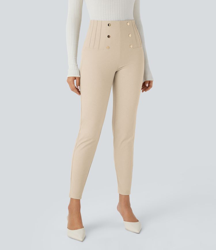 High Waisted Tummy Control Decorative Back Zipper Pockets Herringbone Work Leggings