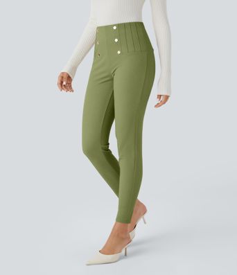 High Waisted Tummy Control Decorative Back Zipper Pockets Herringbone Work Leggings