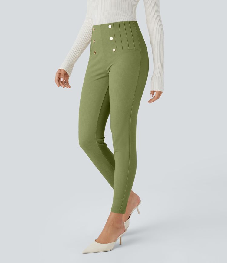 High Waisted Tummy Control Decorative Back Zipper Pockets Herringbone Work Leggings