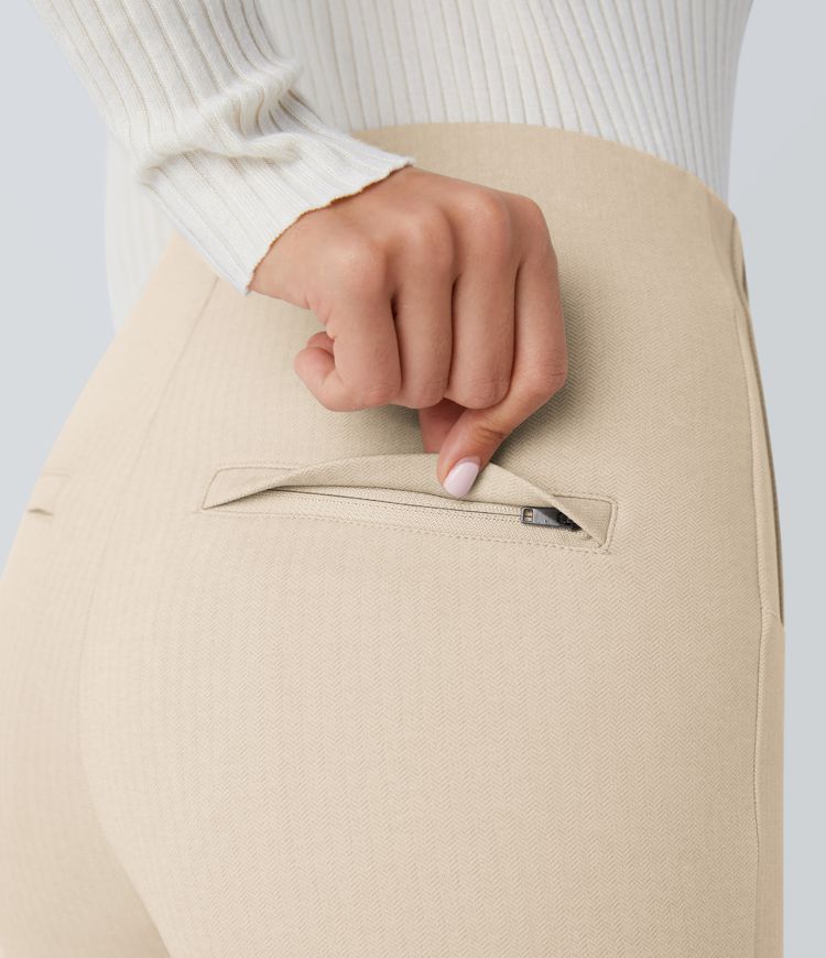 High Waisted Tummy Control Decorative Back Zipper Pockets Herringbone Work Leggings