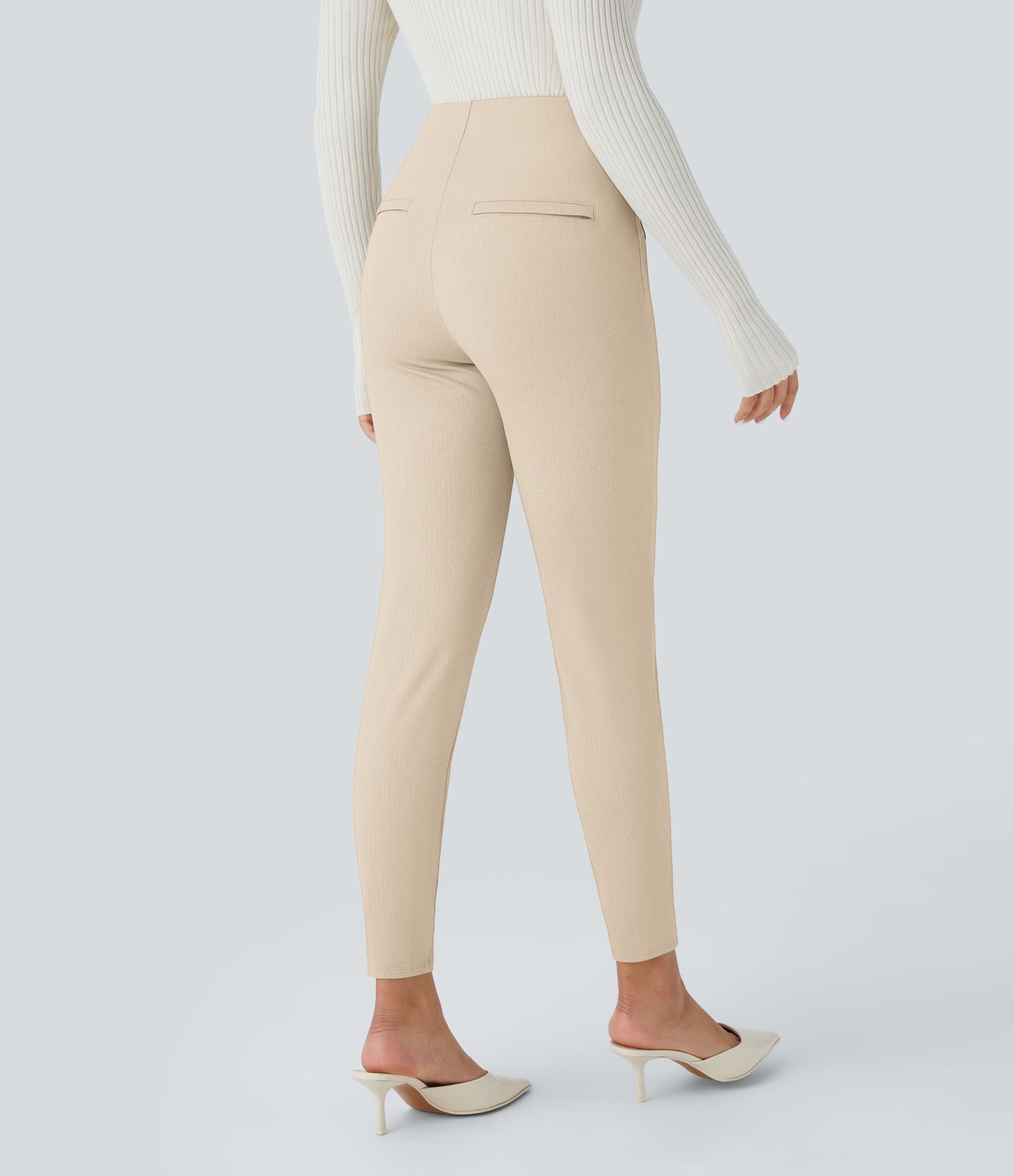 High Waisted Tummy Control Decorative Back Zipper Pockets Herringbone Work Leggings