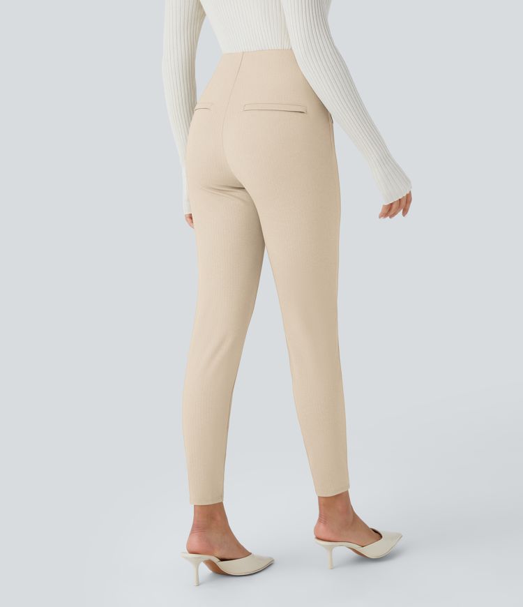 High Waisted Tummy Control Decorative Back Zipper Pockets Herringbone Work Leggings