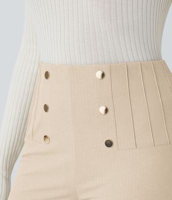 High Waisted Tummy Control Decorative Back Zipper Pockets Herringbone Work Leggings