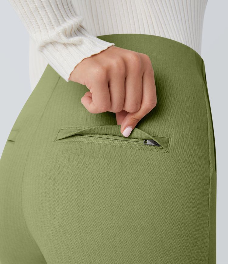 High Waisted Tummy Control Decorative Back Zipper Pockets Herringbone Work Leggings