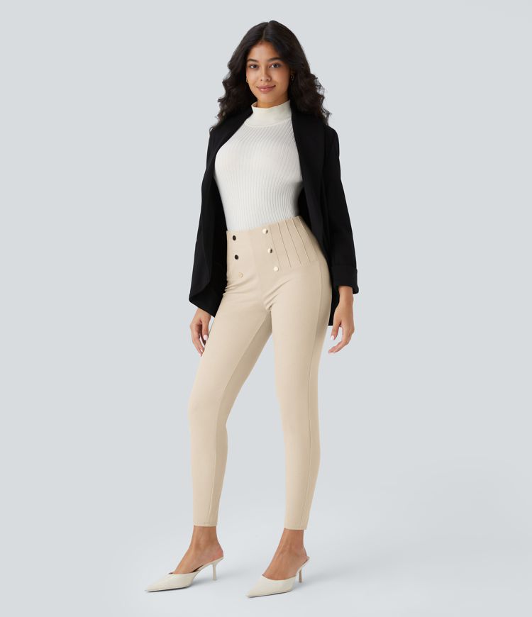 High Waisted Tummy Control Decorative Back Zipper Pockets Herringbone Work Leggings