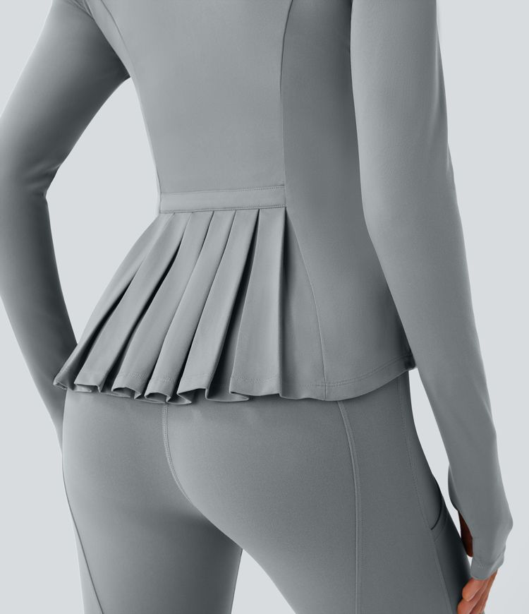 SoftlyZero™ Stand Collar Thumb Hole Pockets Pleated Zipper Slim Jacket-UPF50+