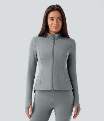 SoftlyZero™ Stand Collar Thumb Hole Pockets Pleated Zipper Slim Jacket-UPF50+