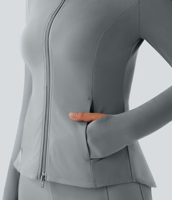 SoftlyZero™ Stand Collar Thumb Hole Pockets Pleated Zipper Slim Jacket-UPF50+