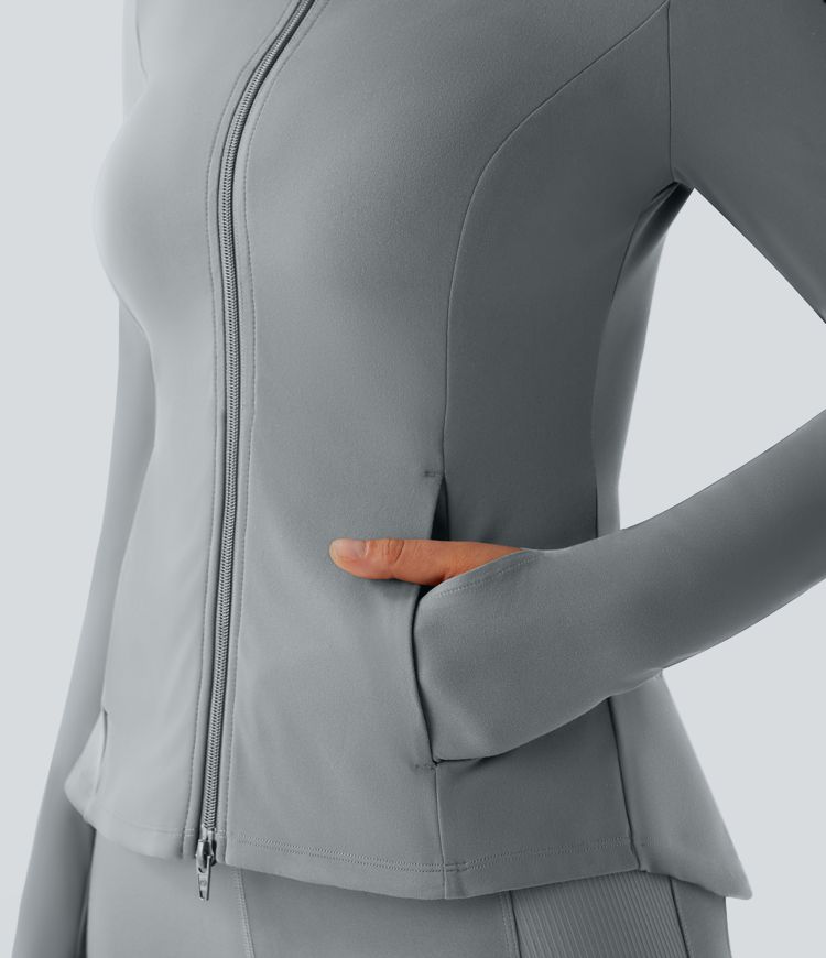 SoftlyZero™ Stand Collar Thumb Hole Pockets Pleated Zipper Slim Jacket-UPF50+