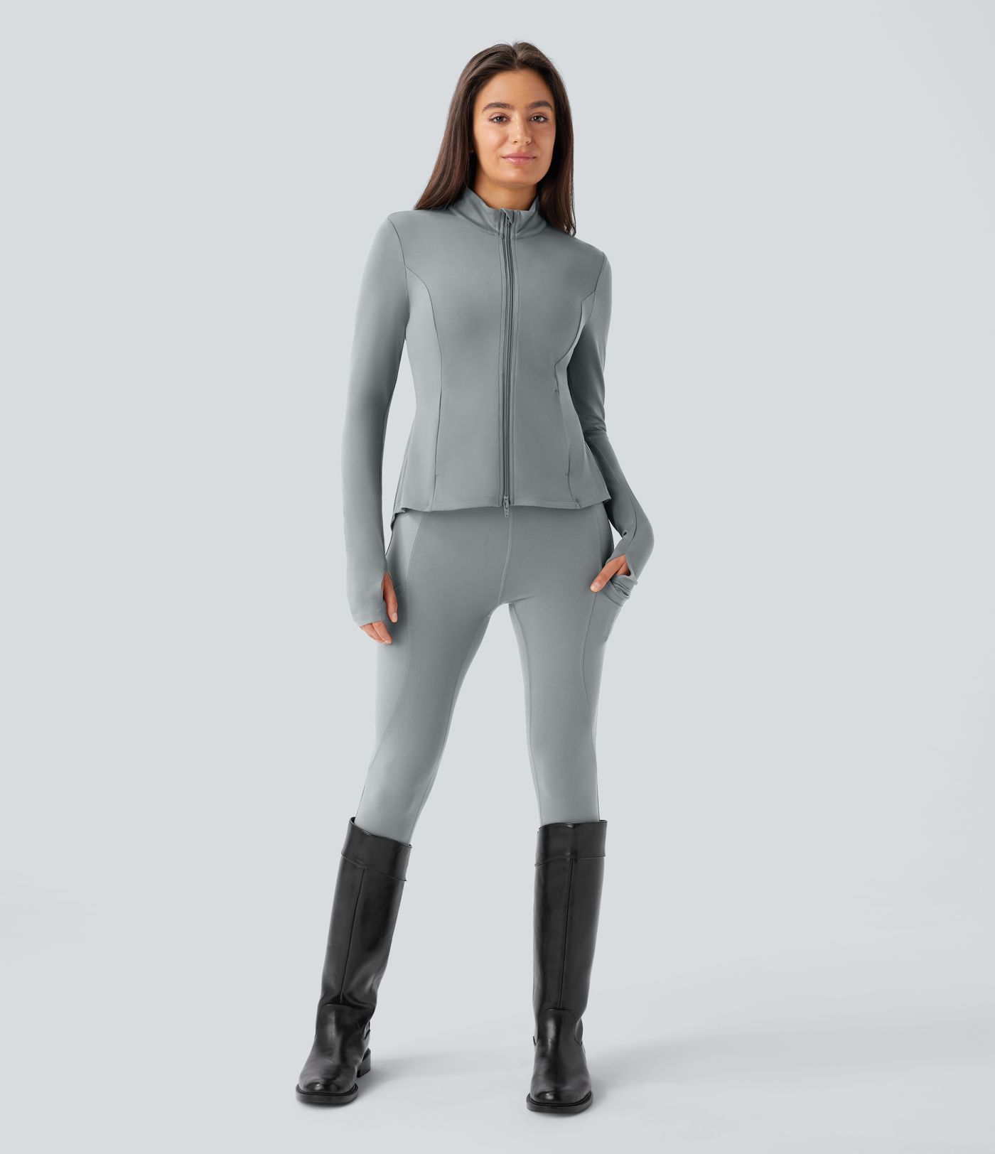 SoftlyZero™ Stand Collar Thumb Hole Pockets Pleated Zipper Slim Jacket-UPF50+