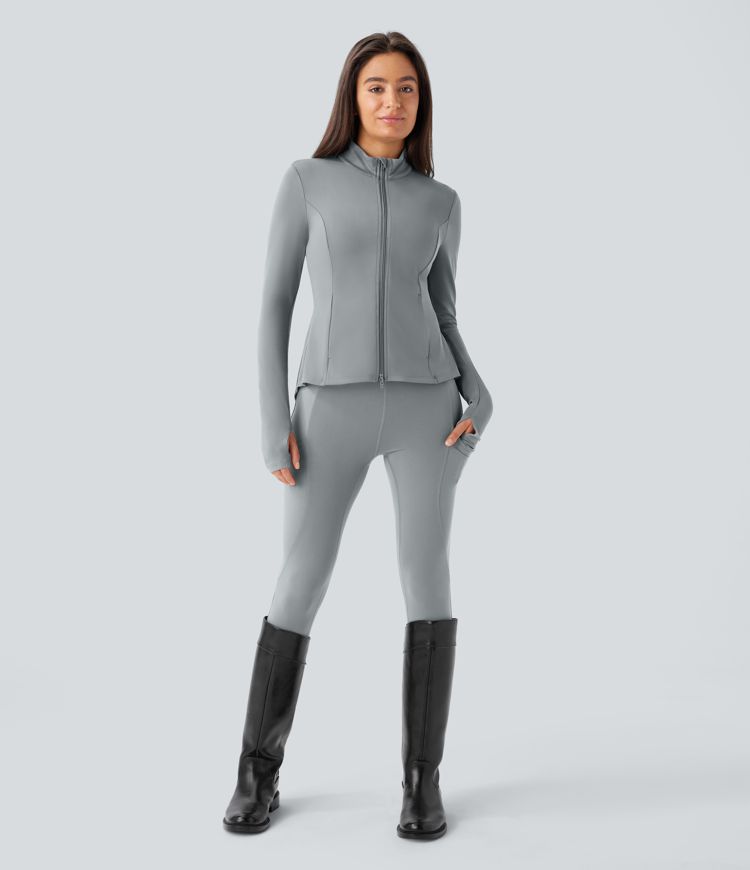 SoftlyZero™ Stand Collar Thumb Hole Pockets Pleated Zipper Slim Jacket-UPF50+