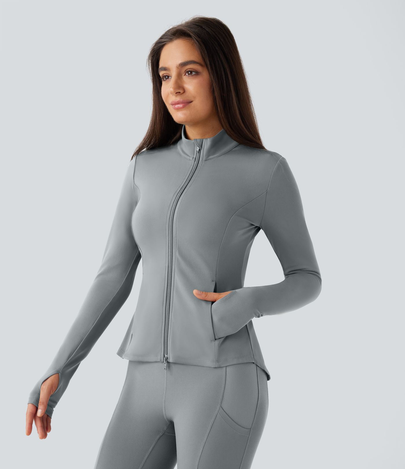 SoftlyZero™ Stand Collar Thumb Hole Pockets Pleated Zipper Slim Jacket-UPF50+