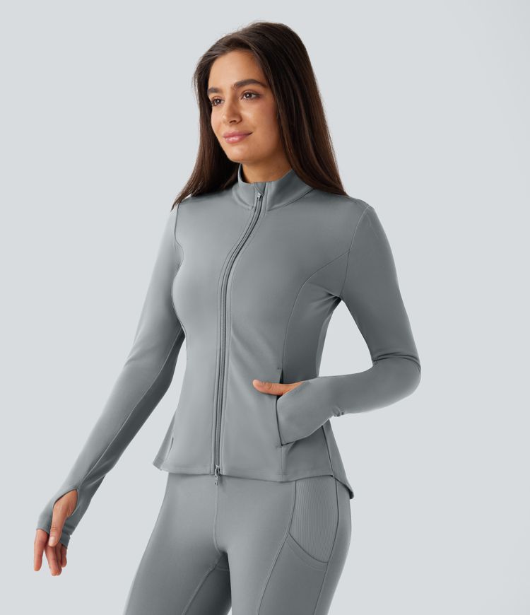 SoftlyZero™ Stand Collar Thumb Hole Pockets Pleated Zipper Slim Jacket-UPF50+