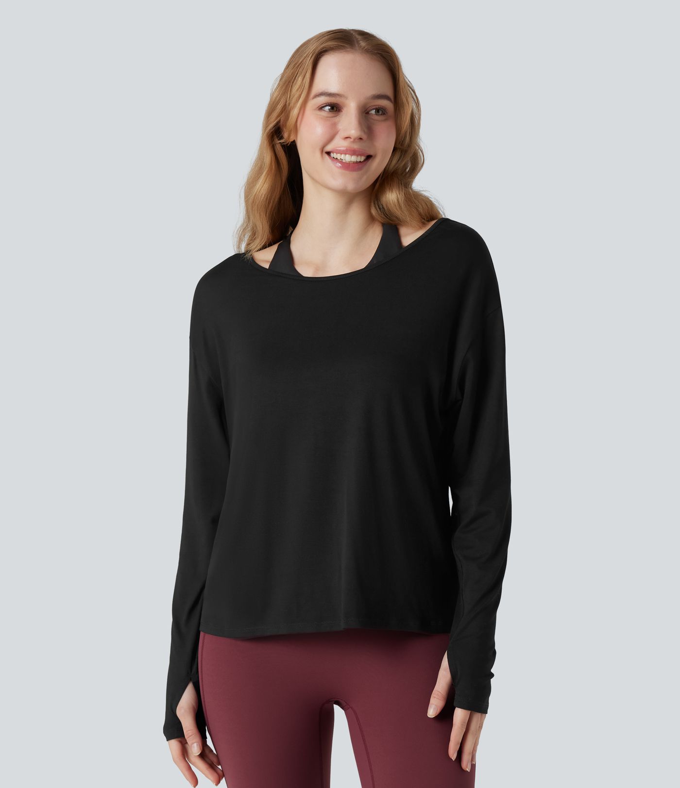 Crisscross Backless Long Sleeve Thumb Holes 2-in-1 Yoga Sports Top