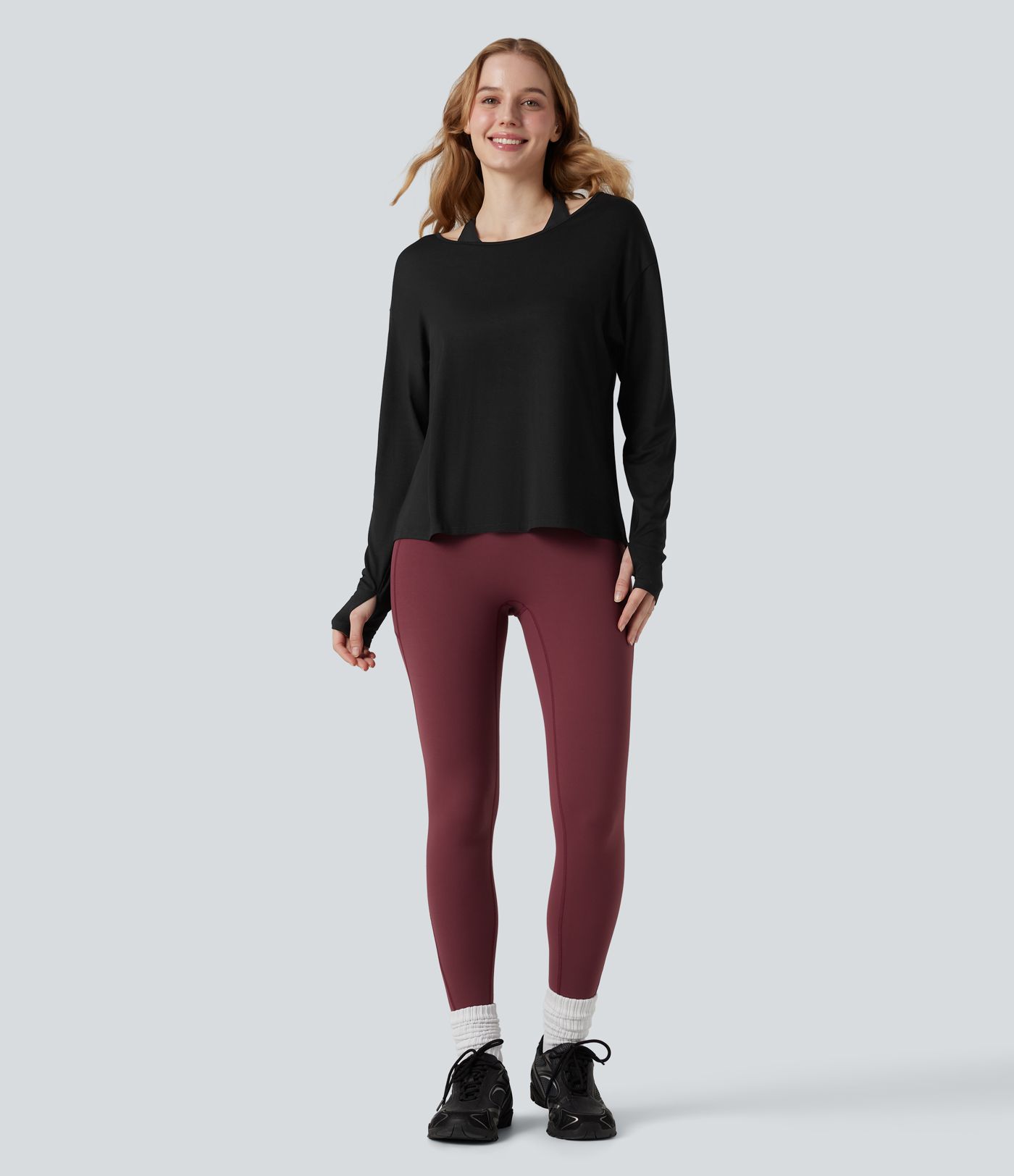 Crisscross Backless Long Sleeve Thumb Holes 2-in-1 Yoga Sports Top