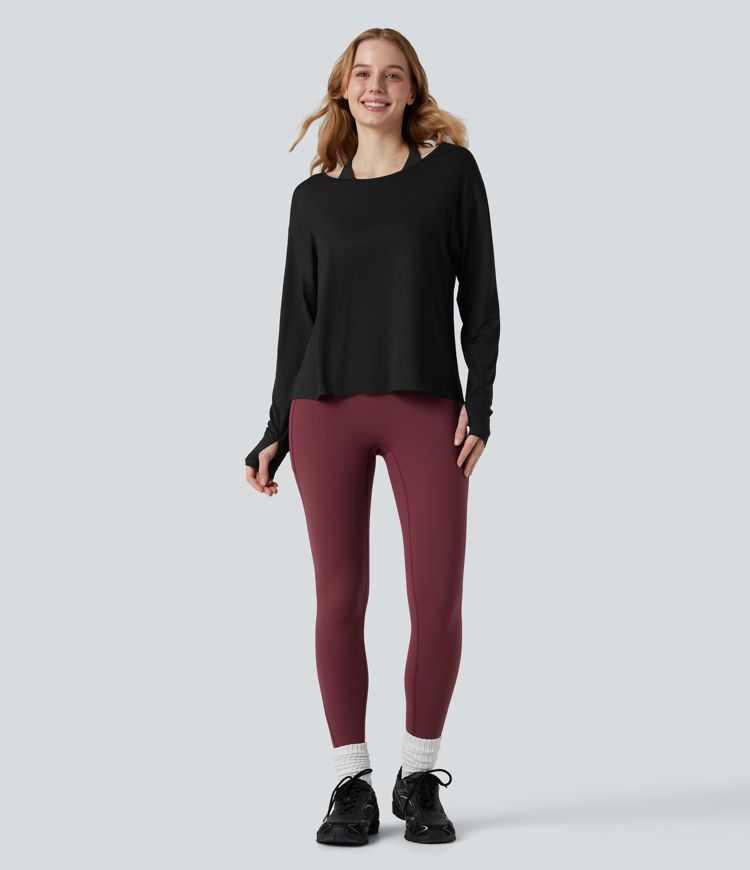 Crisscross Backless Long Sleeve Thumb Holes 2-in-1 Yoga Sports Top