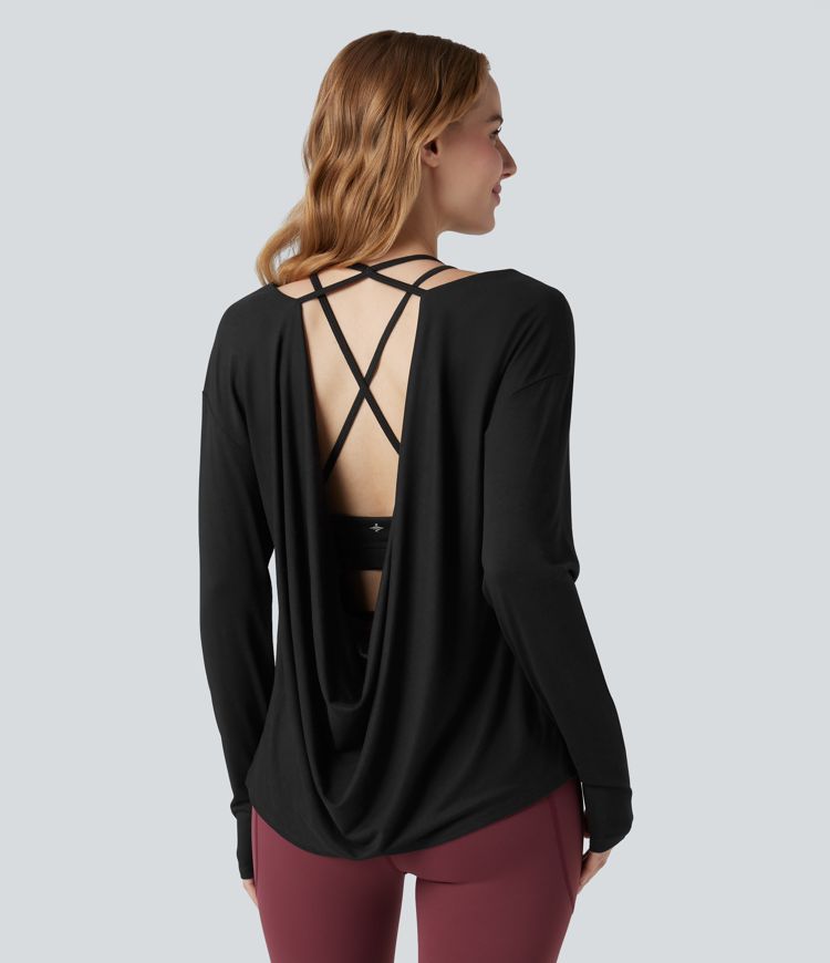 Crisscross Backless Long Sleeve Thumb Holes 2-in-1 Yoga Sports Top
