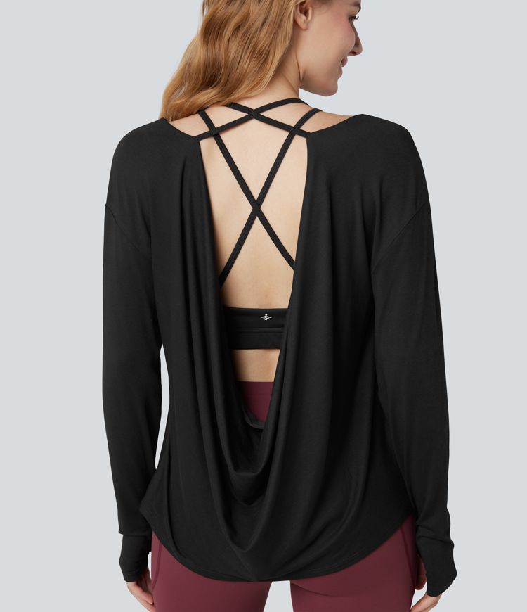 Crisscross Backless Long Sleeve Thumb Holes 2-in-1 Yoga Sports Top