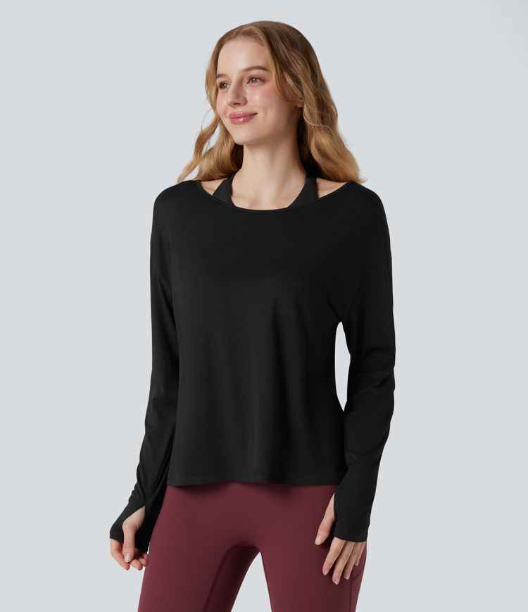 Crisscross Backless Long Sleeve Thumb Holes 2-in-1 Yoga Sports Top