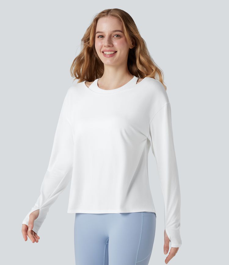Crisscross Backless Long Sleeve Thumb Holes 2-in-1 Yoga Sports Top