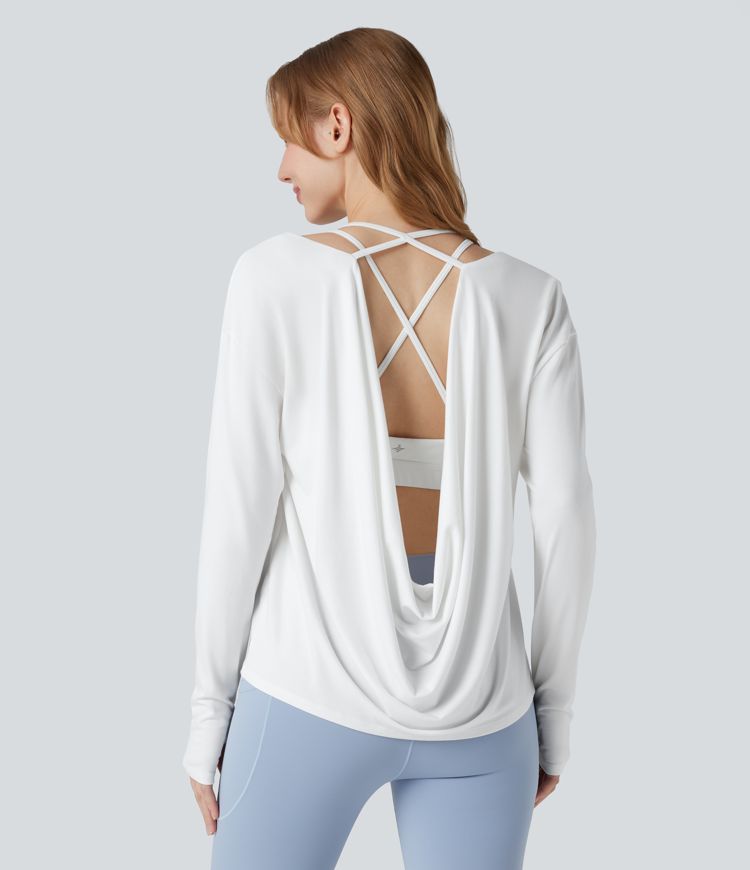 Crisscross Backless Long Sleeve Thumb Holes 2-in-1 Yoga Sports Top