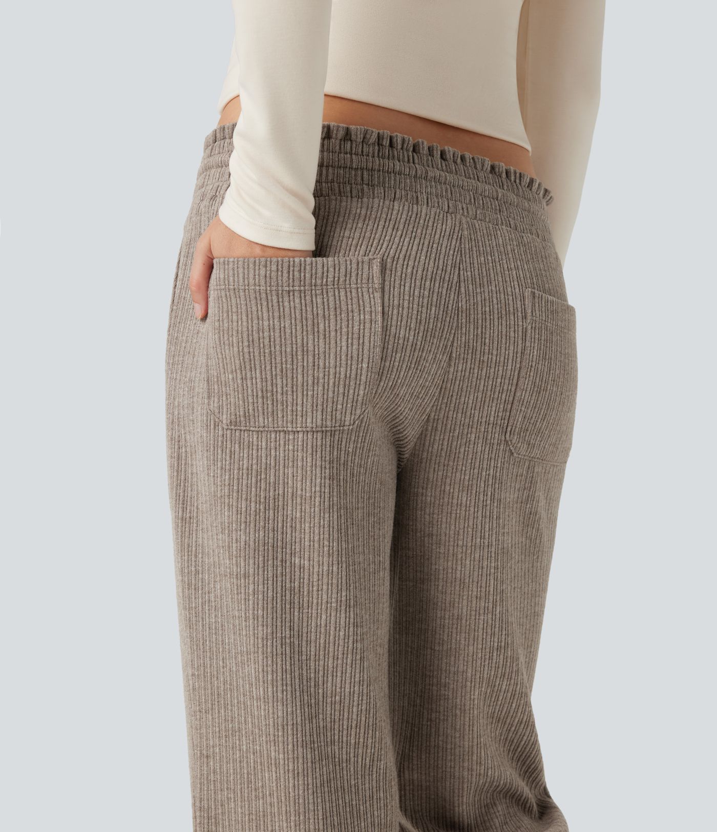 Ribbed Knit Low Rise Drawstring Casual Bootcut Trousers with Pockets