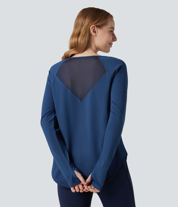 Round Neck Long Sleeve Thumb Hole Contrast Mesh Workout Sports Top